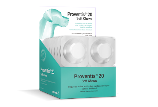 Proventis® 20 Soft Chews pulguicida oral de acción dual, rápida y prolongada y efecto ambiental. tabletas blandas masticables altamente palatables 
