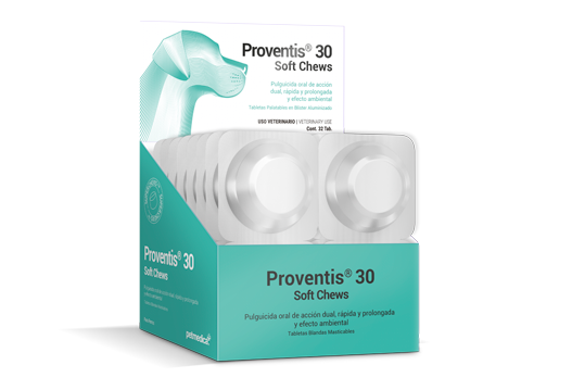 Proventis® 30 Soft Chews pulguicida oral de acción dual, rápida y prolongada y efecto ambiental. tabletas blandas masticables altamente palatables 