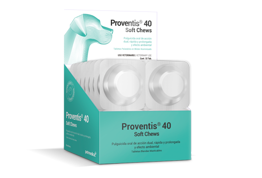 Proventis® 40 Soft Chews pulguicida oral de acción dual, rápida y prolongada y efecto ambiental. tabletas blandas masticables altamente palatables 